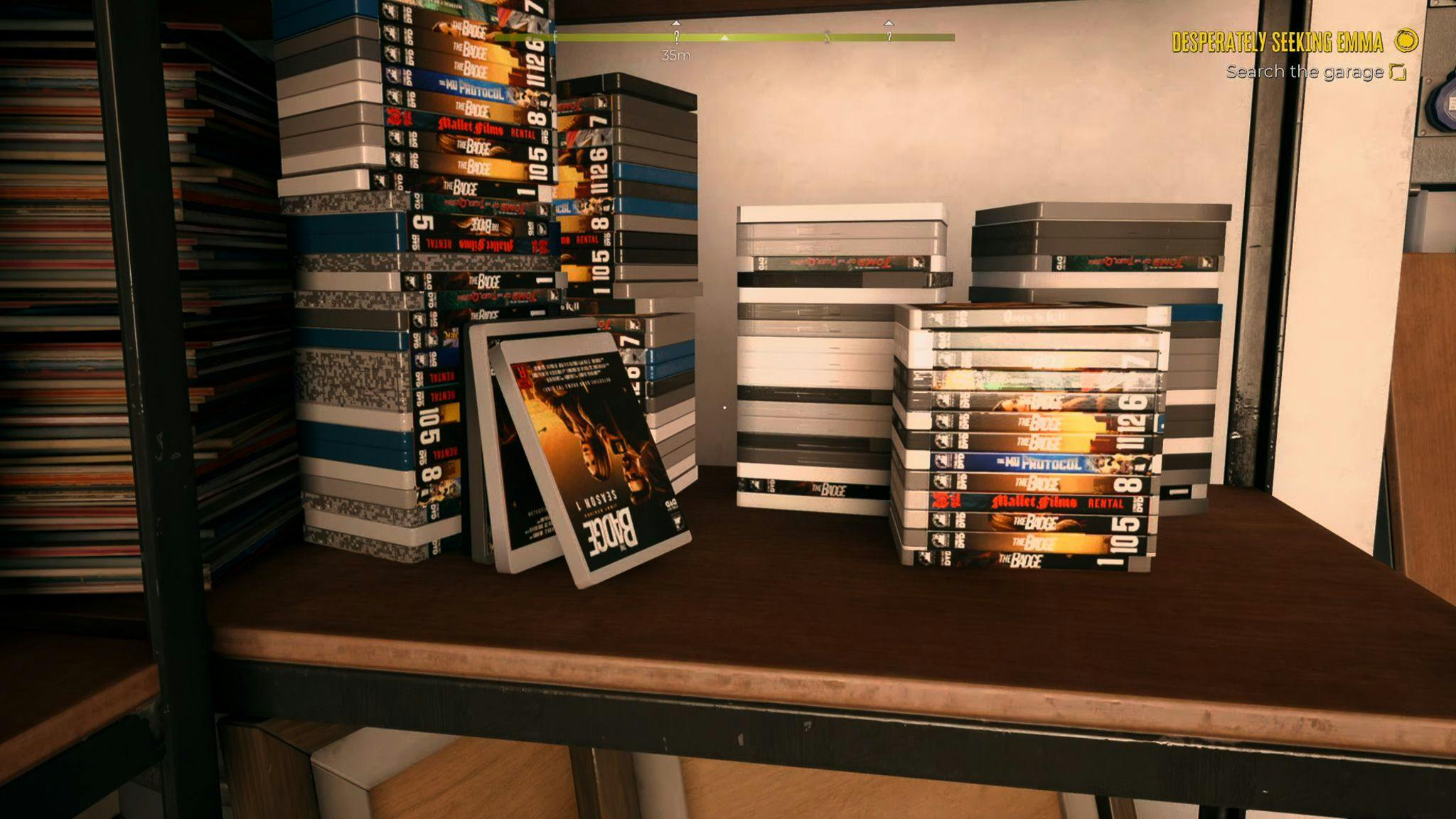 A screenshot from Dead Island 2 depicting stacks of DVD cases.