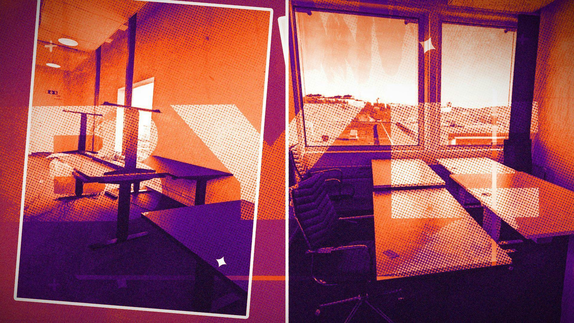 Photographs of tables and chairs with an orange and purple treatment